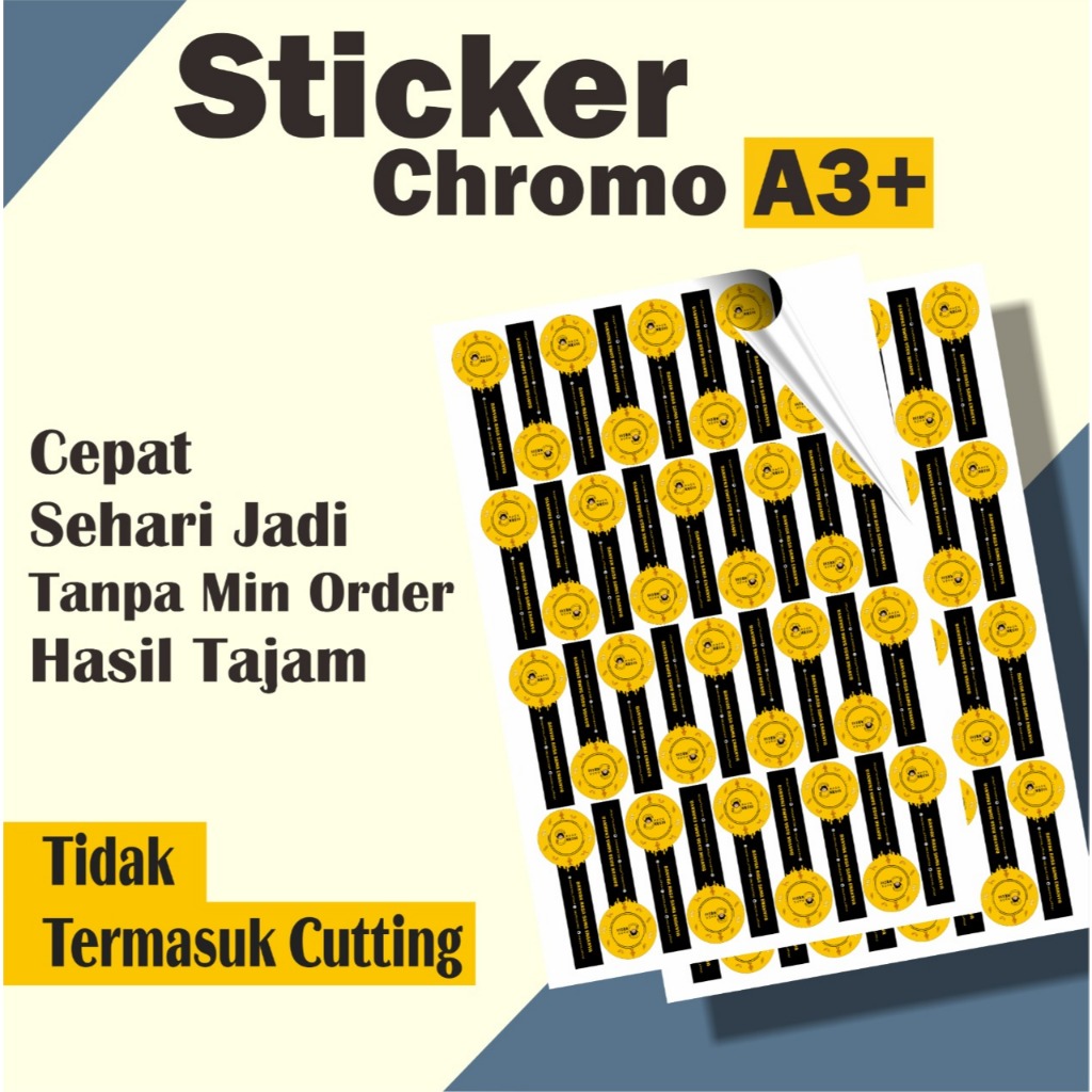 

Cetak Sticker Custom A3+ A3 Plus Untuk Label Kemasan Toko Olshop Makanan Minuman Toples Kaleng Stiker Anti Luntur Free Desain Belum Cutting