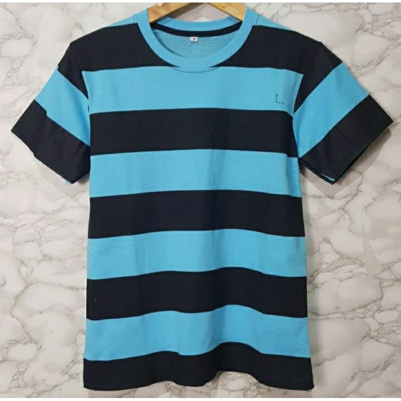 KAOS DISTRO KATUN PREMIUM UNISEX PRIA WANITA BASIC STRIPE garis garis BLUE-BLACK warna biru-hitam ad
