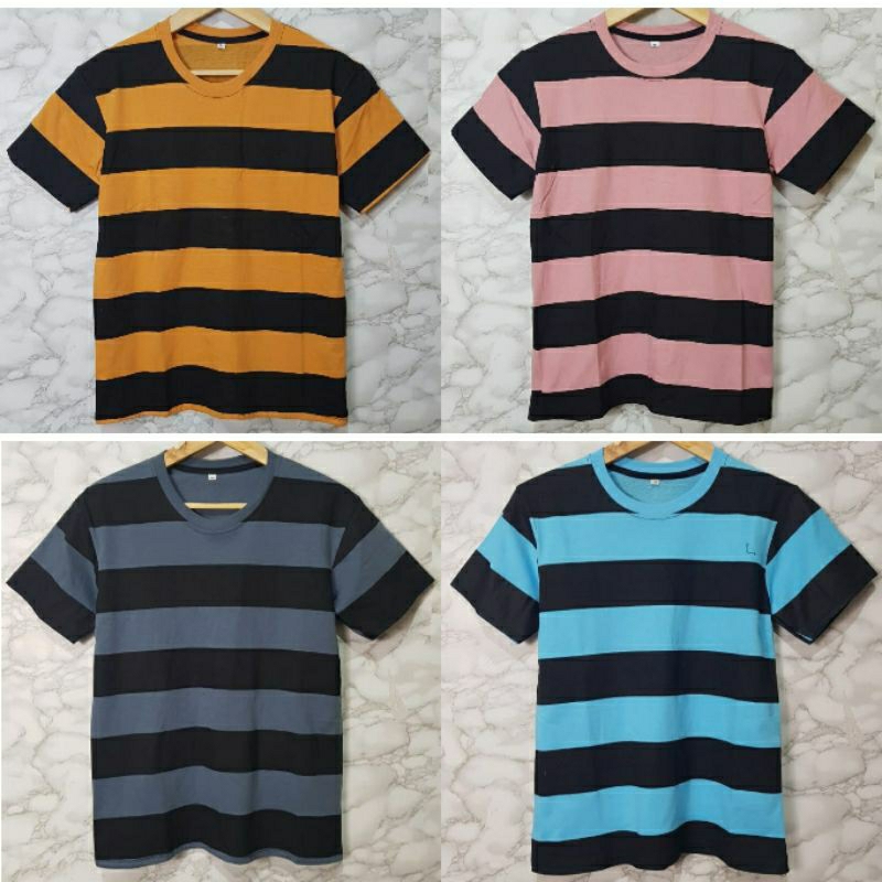 KAOS DISTRO KATUN PREMIUM UNISEX PRIA WANITA BASIC STRIPE garis garis ada warna gold emas, pink mera