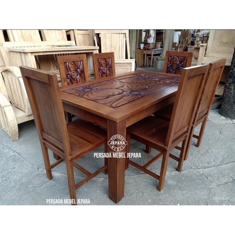 Meja makan minimalis ukir bunga / Meja makan jati / Meja minimalis / Meja / Kursi / Kursi jati / Kur