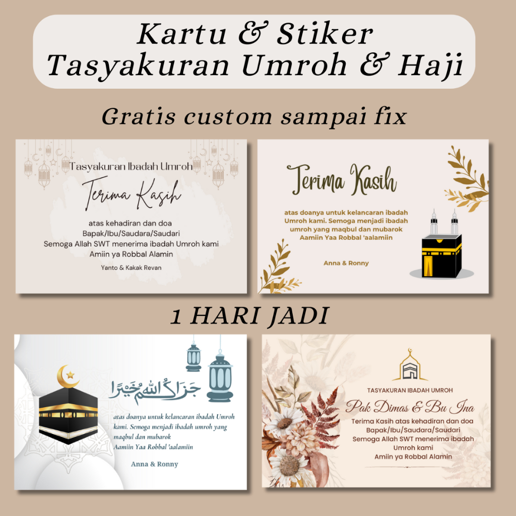 KARTU TASYAKURAN UMROH, STIKER UMROH DAN HAJI, KARTU UCAPAN UMROH & HAJI, CETAK KARTU CUSTOM