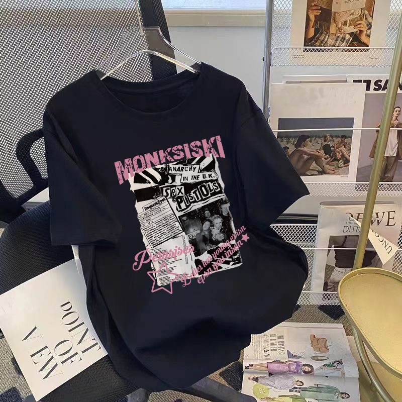 Various kaos washed pria oversize lengan pendek  Hip Hop Style Rock Band Print  retro street style t