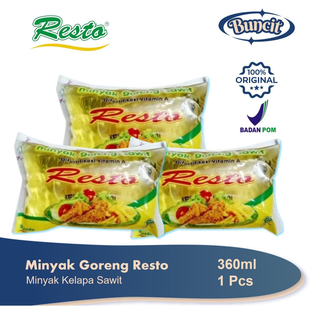 

Minyak Goreng Resto Bantal 360ml / Minyak Kelapa Sawit Resto 360ml / 1 Dus isi 24 Pcs / Buncit