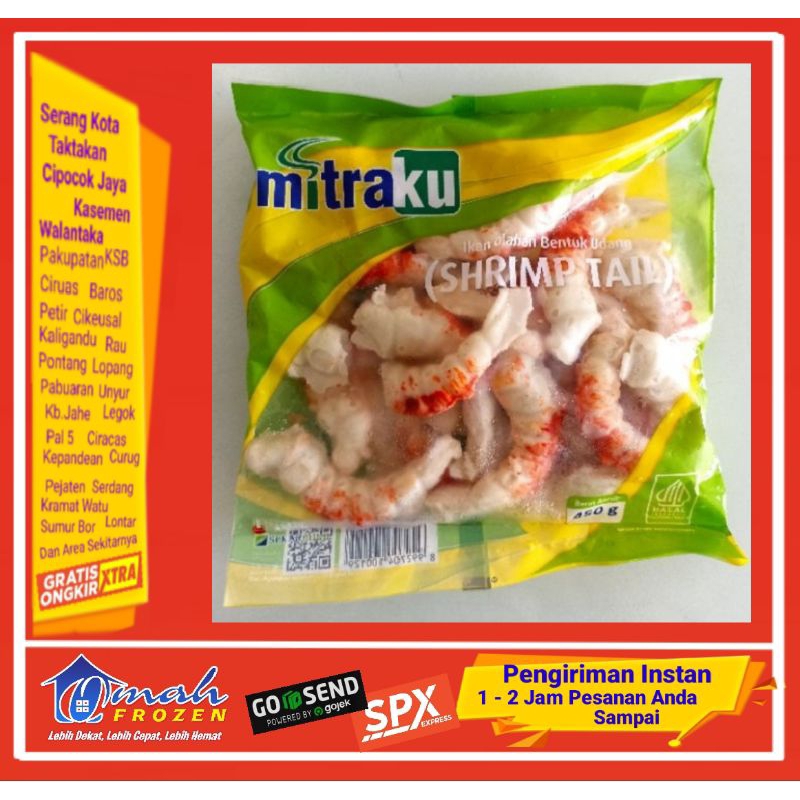 

Udang Mitraku Shrim Tail 450g, olahan Ikan bentuk udang,Frozen Serang