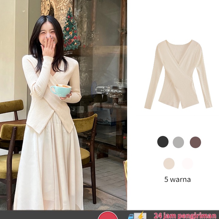 Terlaris Sweater Wanita Vneck Gaya Korea Knit Wrap Top Polos Lengan Panjang Wanita Rajut Korea Style