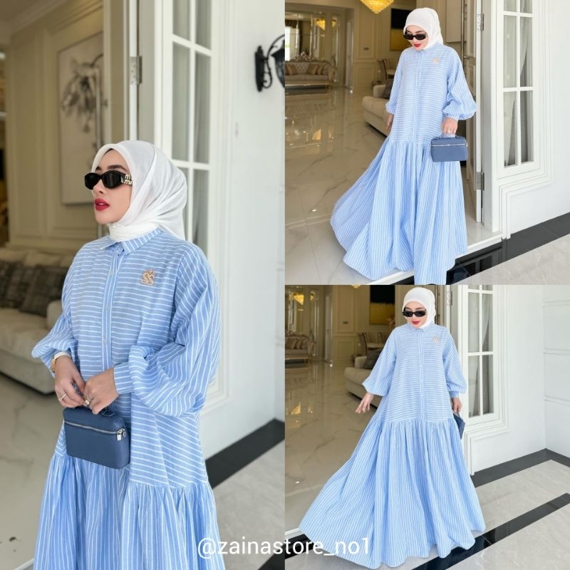 Shellasaukia Dress Terbaru Salur Simple Basic Wanita Remaja Original Shellasaukiashop Gamis Biru Pin