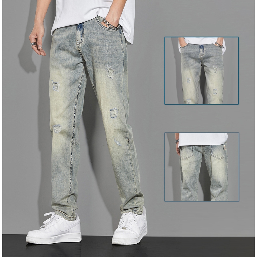 Celana Jeans Pria Slim Fit Strech Premium Sobek Retro Biru Standar Original Korean Style Cowok Denim