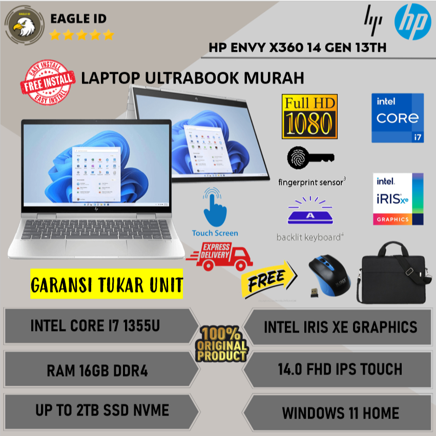 Laptop Touch 2in1 HP ENVY X360 14 Intel i7 1335U Gen 13Th RAM 16GB 2TB SSD FHD Windows Original