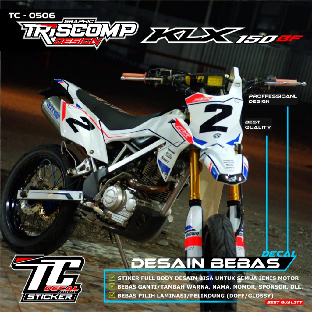 Decal custom Sticker Motor KLX BF 150 grafis putih kombinasi bahan orange stabillo nyala Sticker tim