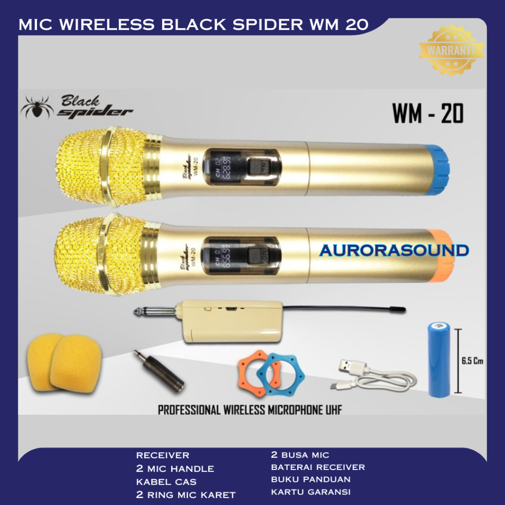 MIC WIRELESS BLACK SPIDER WM 20 PROFESSIONAL MICROPHONE UHF ORIGINAL GARANSI BLACKSPIDER