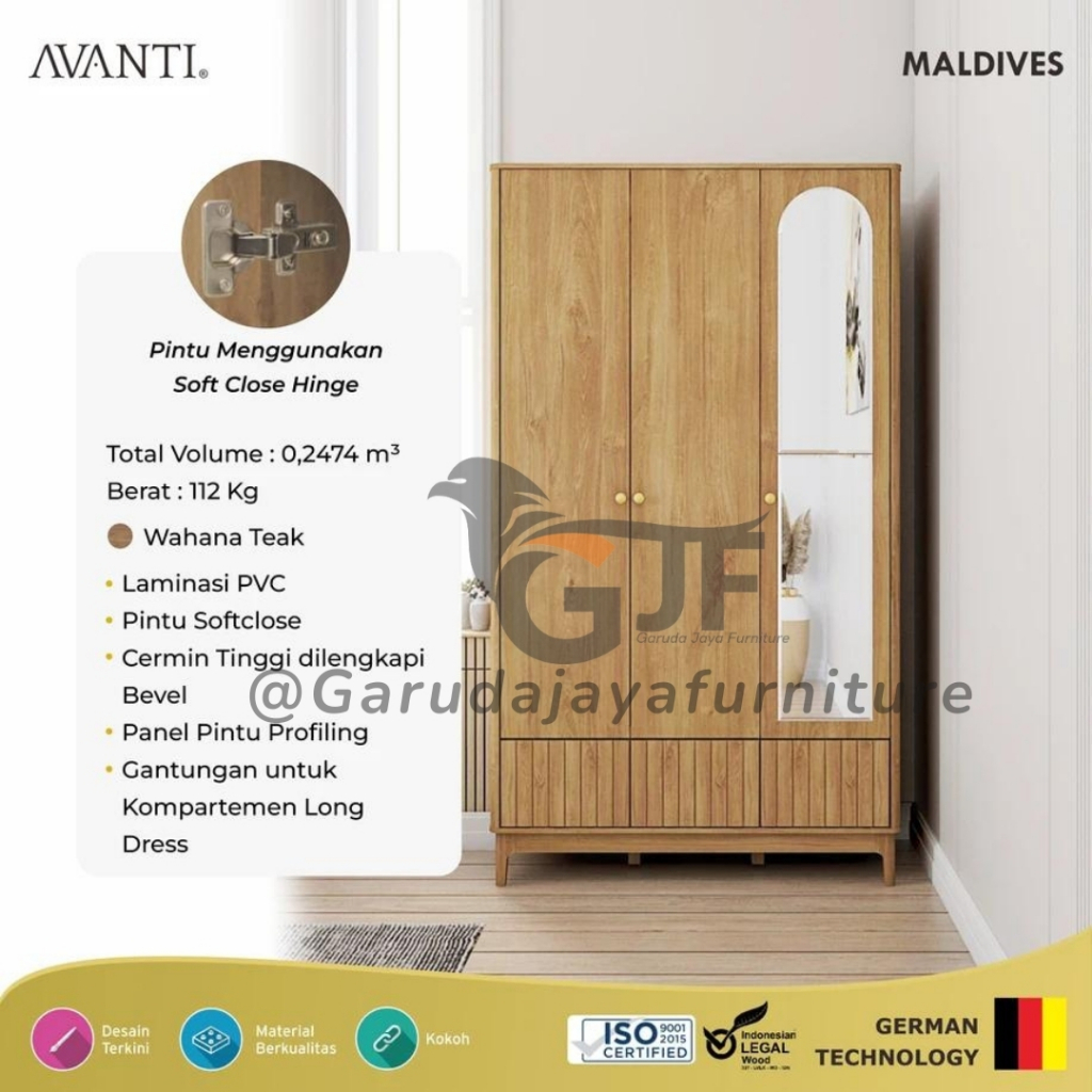 LEMARI 3 PINTU MINIMALIS BERKACA PANJANG + LACI + GANTUNGAN BAJU MONZA LP 300 /MONZA LP 200/ GAMIS
