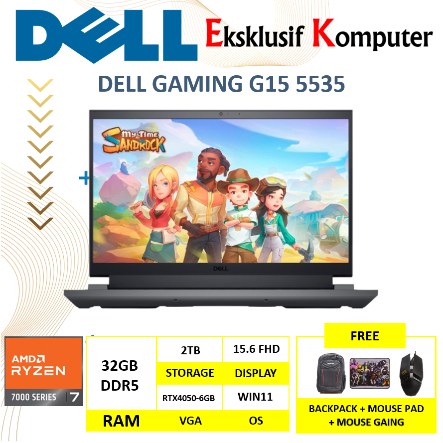 Laptop Dell Gaming G15 5535 Ryzen 7 7840HS 32GB DDR5 2TB SSD RTX4050 6GB 15" FHD 165Hz Windows 11