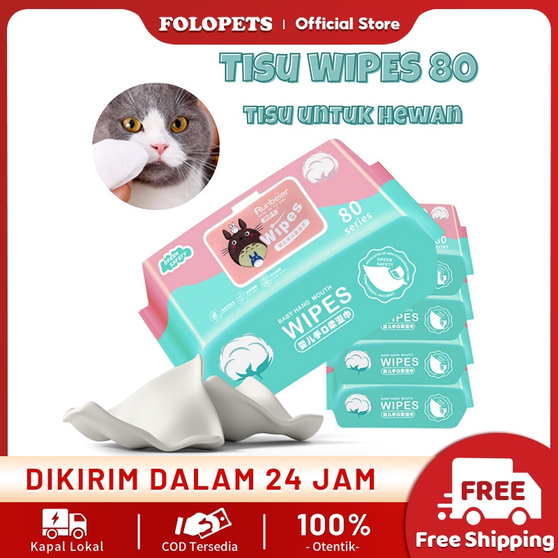 FOLOPETS Pet Soft Pet Wipes Tissue Basah Hewan Anjing Kucing-80pcs