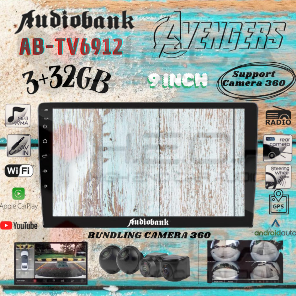 Audiobank Avengers AB-TV6912 3/32GB Android 9" Head Unit Double Din Tape Mobil 9 inch + Kamera 360 3