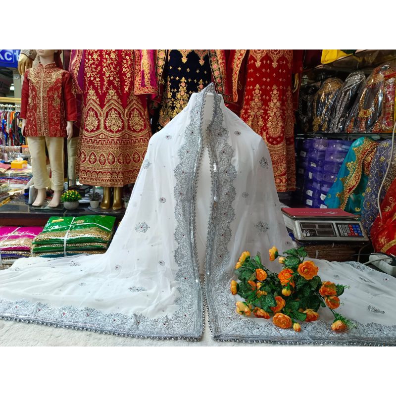 #TjM254 Putih Bordir Silver Siffon Selendang Sarangan Dupatta Dupata Syal Kerudung Hijab Pesta Adat 