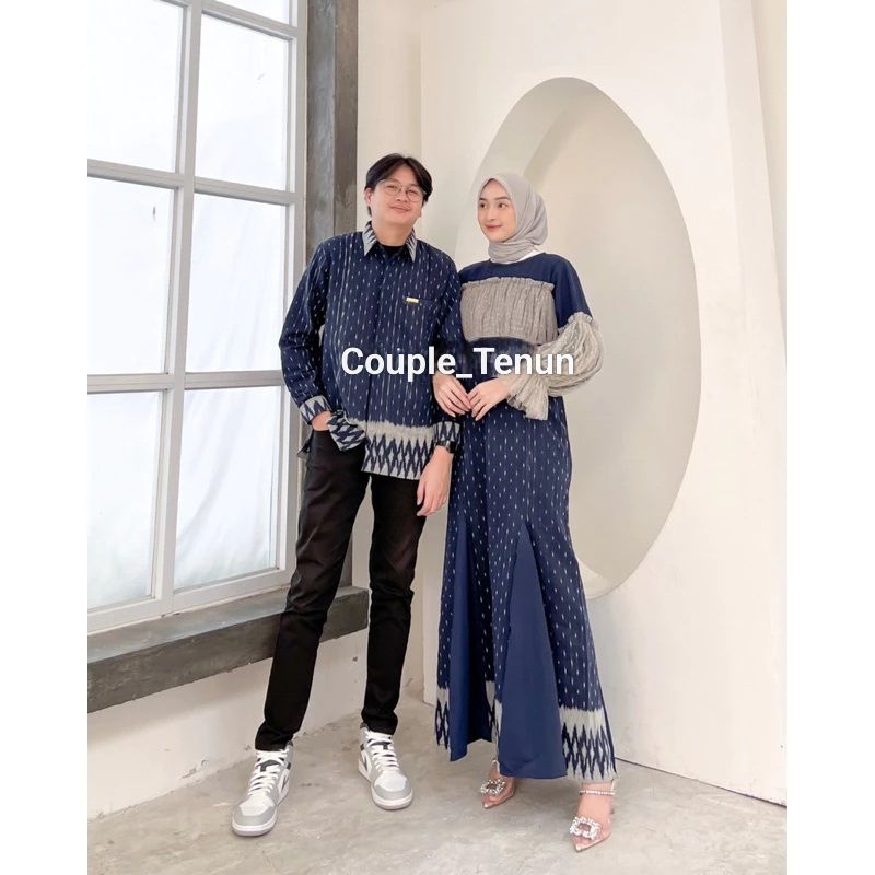 Set Couple Rahayu Dres Navy Abu baju tenun pasangan pria wanita kondangan prewedding guru kartinian 