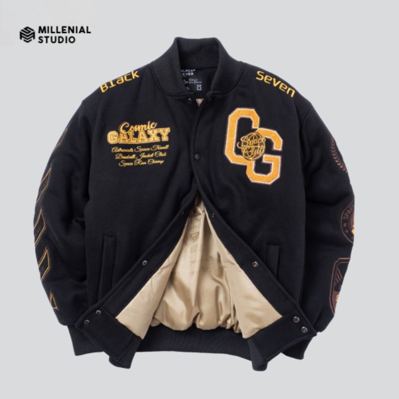 VARSITY JACKET COSMIC GALAXY BLACK GOLD EDITION | JAKET BASEBALL FULL FLEECE BORDIR ORIGINAL BLACKSE