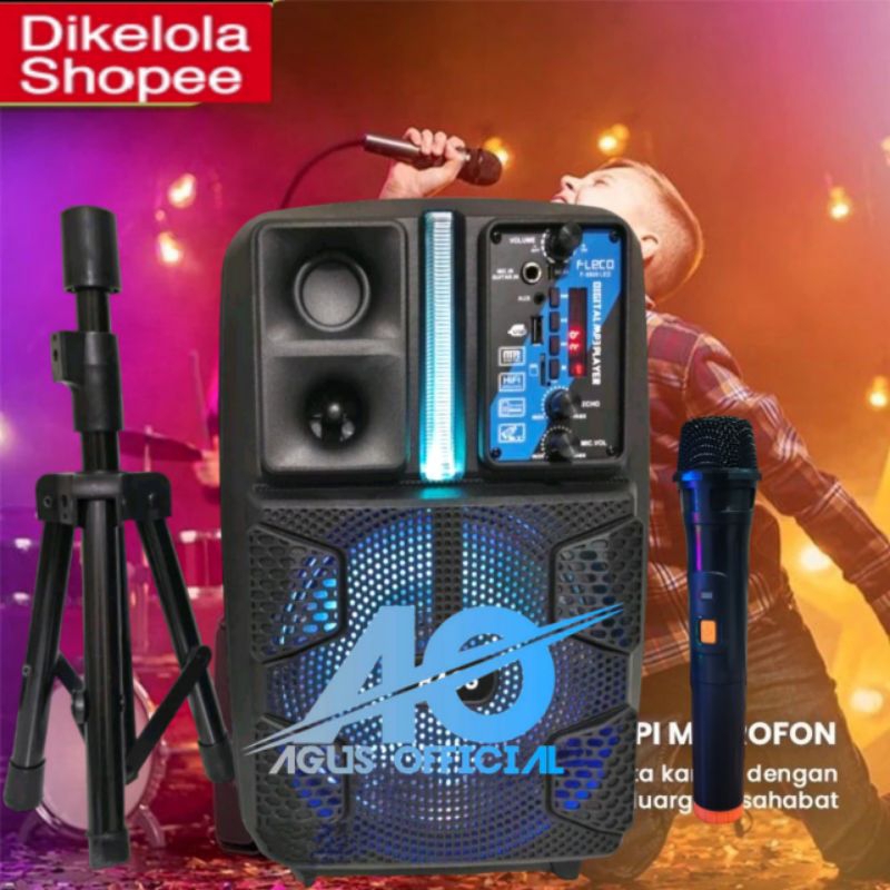 speaker bluetooth karaoke fleco 8809  super bass mic wireless stand free stand dan mic wireless bisa