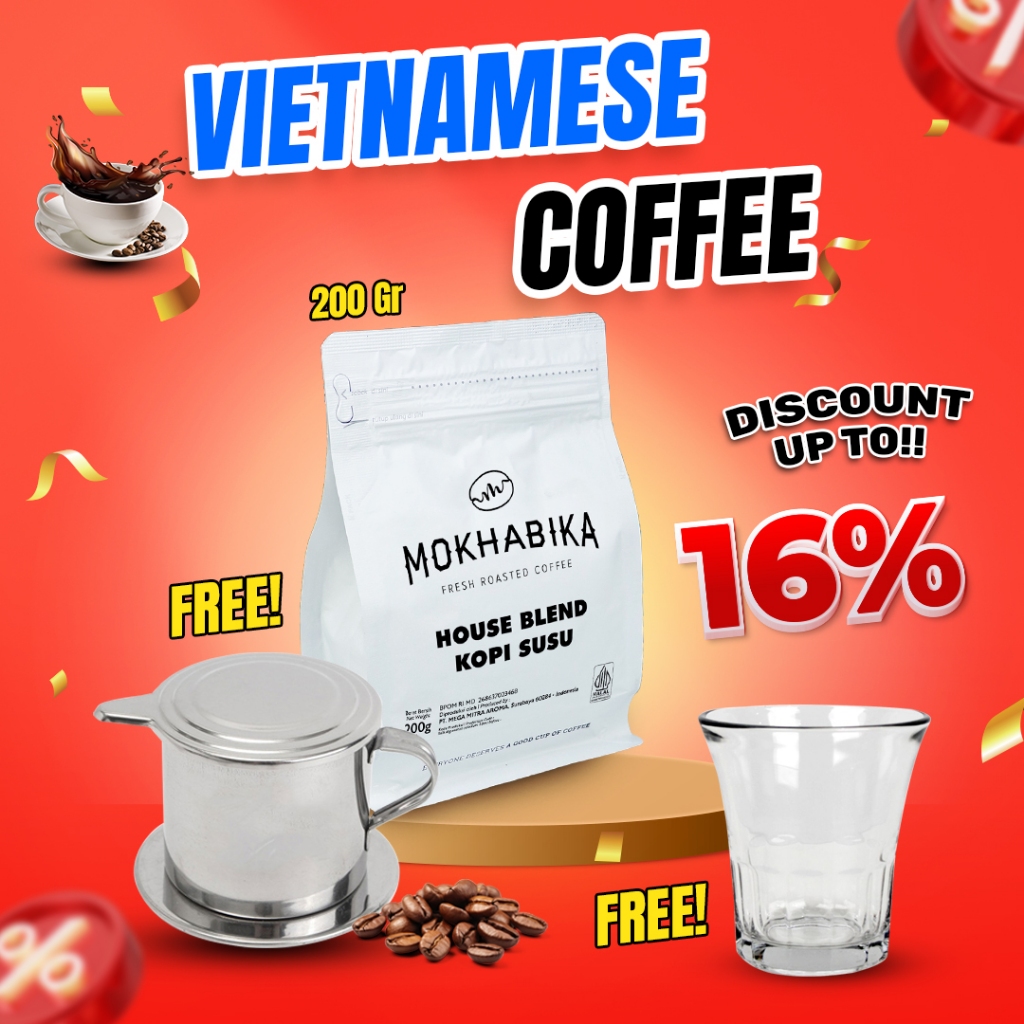 

VIETNAMESE COFFE (HOUSE BLEND KOPI SUSU 200 GR COARSE GRIND + VIETNAM DRIP 100 ML + GELAS VIETNAM )