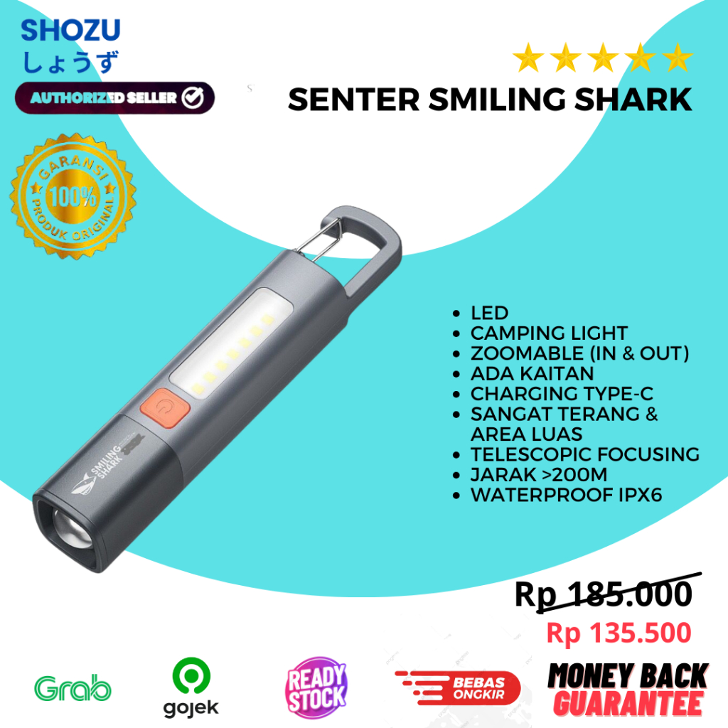 Senter Smiling Shark Led Senter Camping Kemah Hook Gantungan ORIGINAL