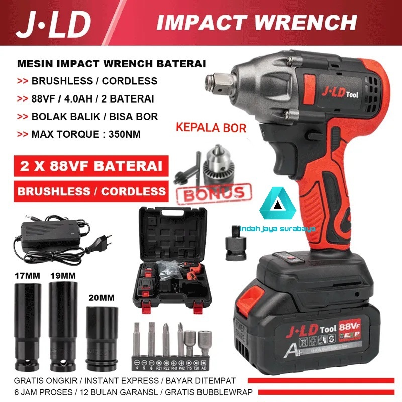Promo impact wrench brushless JLD 88V Mesin pembuka baut Fullset Koper 2 Baterai + Kepala Bor