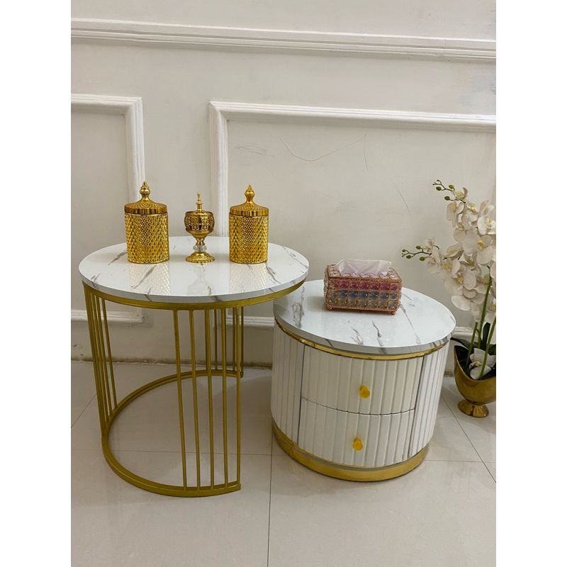 Meja Minimalis Mecca Bulat besar 1 Set Meja Salur 2 Laci Meja Estetik meja besi kekinian