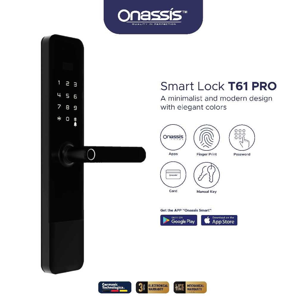 ONASSIS SMART LOCK T61 PRO WITH WIFI FUNCTION | KUNCI PINTU PINTAR BIOMETRIK 5-IN-1
