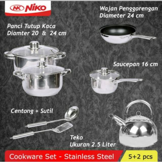 Baru NIKO Cookware Set Stainless 7in1 NK-1112ST Panci Set Peralatan Makan