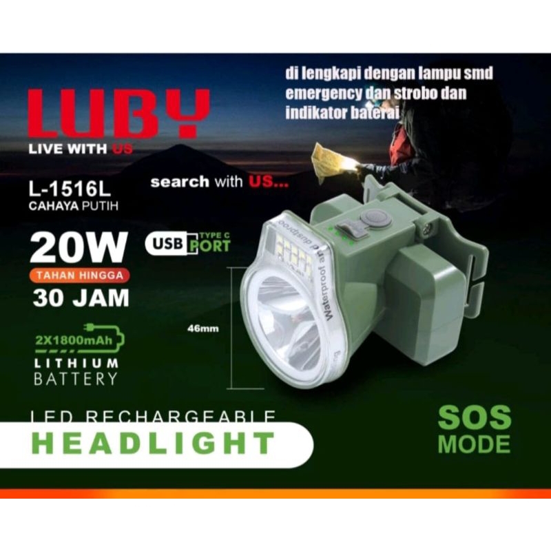 Senter Kepala Luby L-1516LCahaya putih 20watt multi fungsi