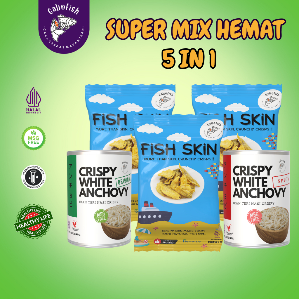 

Caliofish - Paket Bundling Hemat 5 in 1 - Fish Skin - Kerupuk Kulit - Ikan Patin - Olahan Kulit - Ikan Segar - Crispy White Anchovy Spicy(45GR) | Ikan Teri Nasi krispi Pedas | Menu MPASI Non MSG