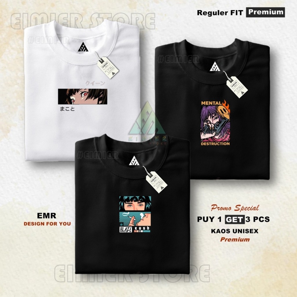 Eimierzoe Buy 1 Get 3 Pcs Baju Kaos Pria Distro Cotton Combed 30s Premium Anime Jepang Blaze Kush