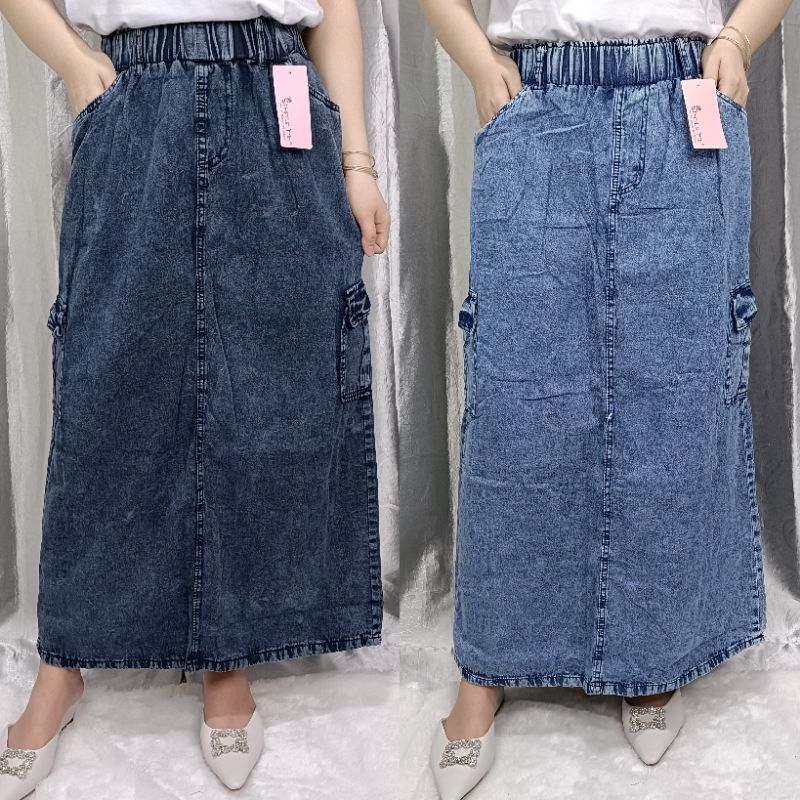 Rok Jeans Cargo Panjang Wanita Non Stretch Simple me/ Rok Panjang Cargo Jeans SNOW Tidak Melar SIMPL