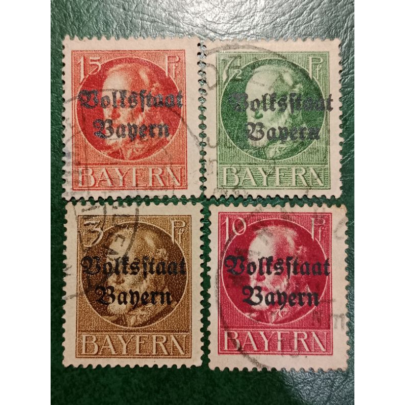 

Prangko Jerman Bavaria 4 Pcs Overprinted Volks staat Bayern Tahun 1919 USED