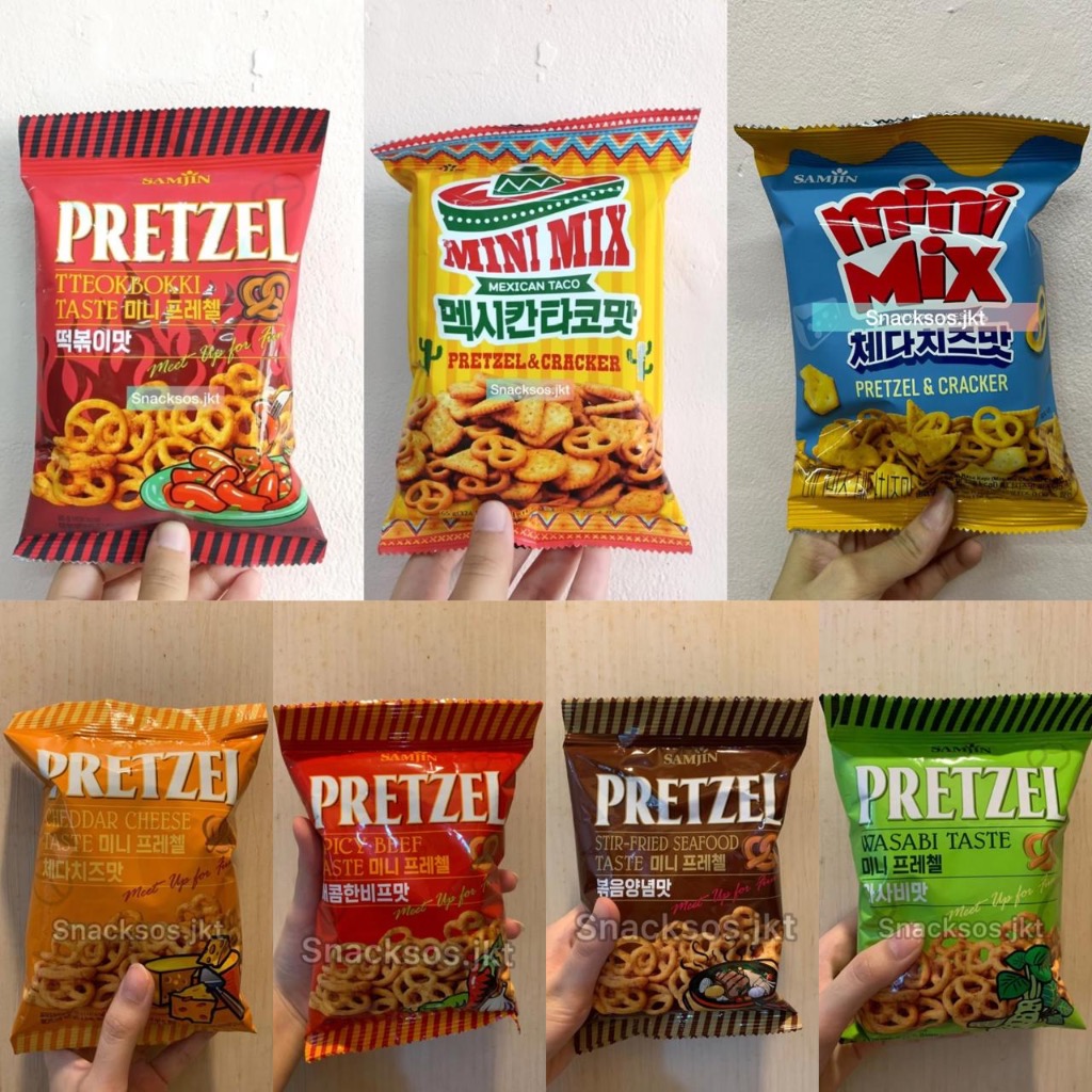 

SAMJIN PRETZEL CHEDDAR CHEESE TASTE / SPICY BEEF / STIR-FRIED SEAFOOD / WASABI / SAMJIN MINI MIX CHEDDAR / MEXICAN TACO / TTEOKBOKKI TOPOKKI