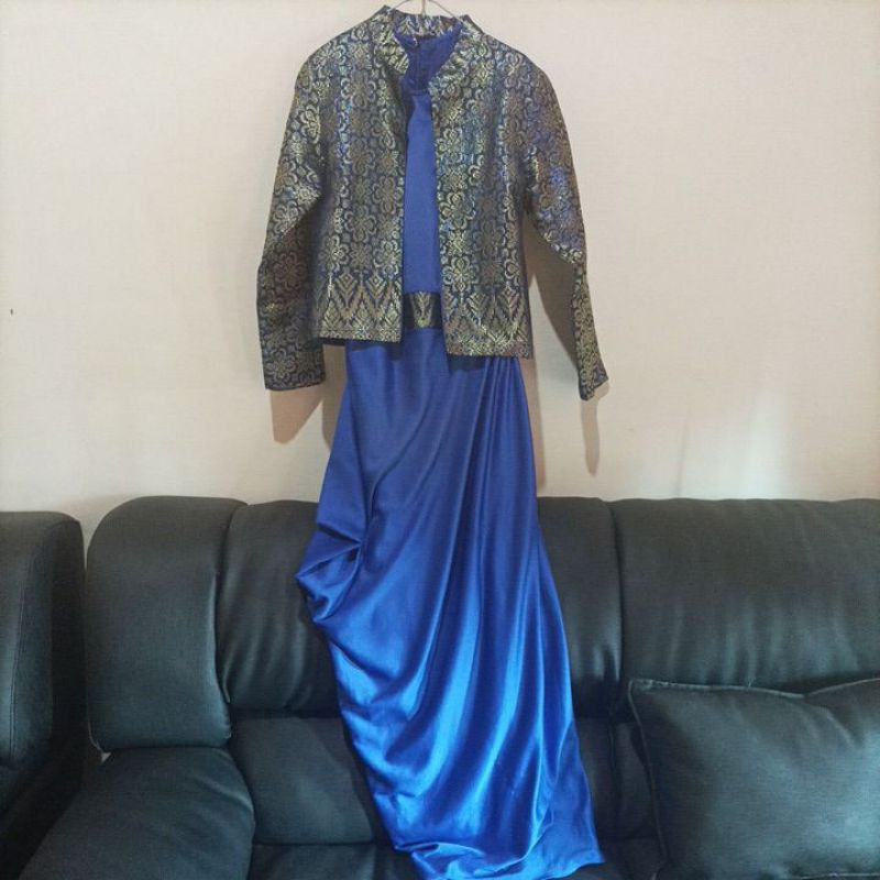 Preloved Set Songket Modern Design Biru Long Dress Satin + Blazer Songket