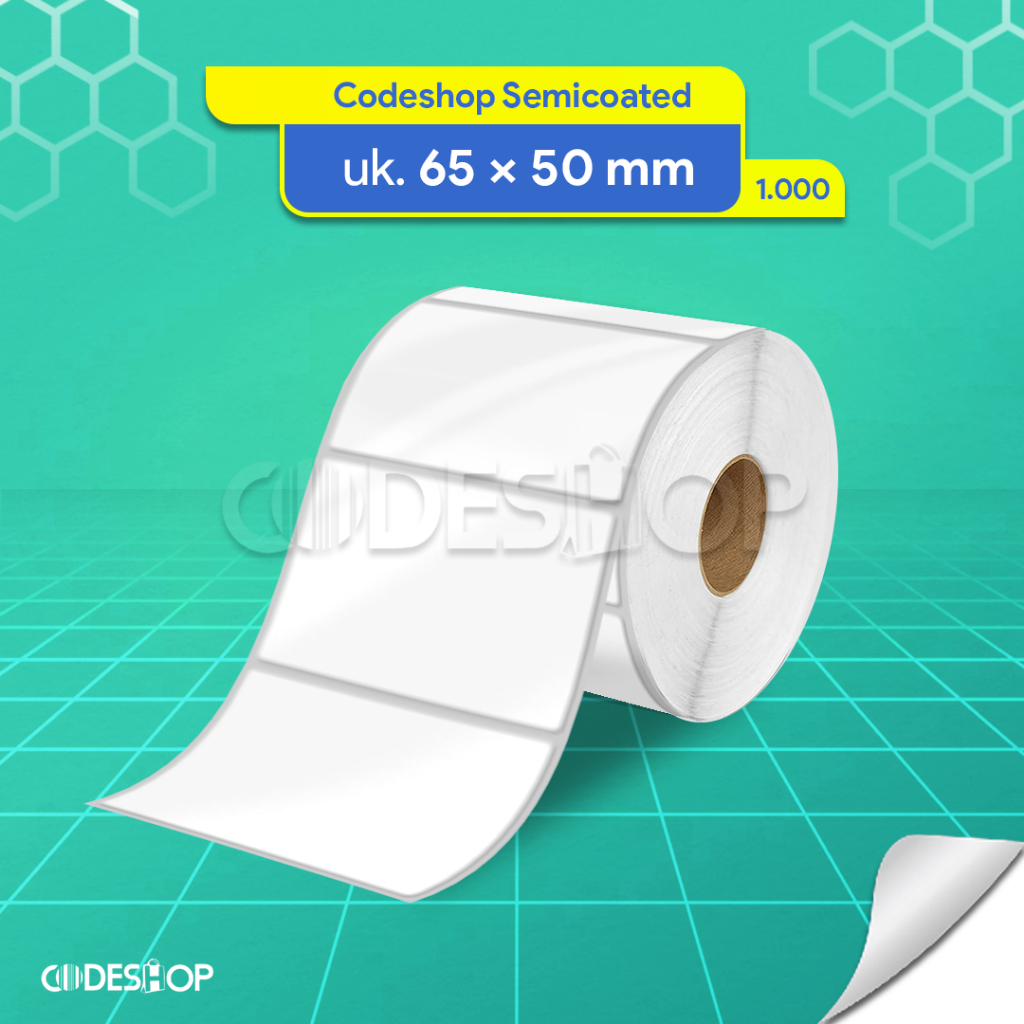 

Stiker Label Semicoated Codeshop 65x50mm isi 1000 Pcs Core 1 Inch Perforasi Gap