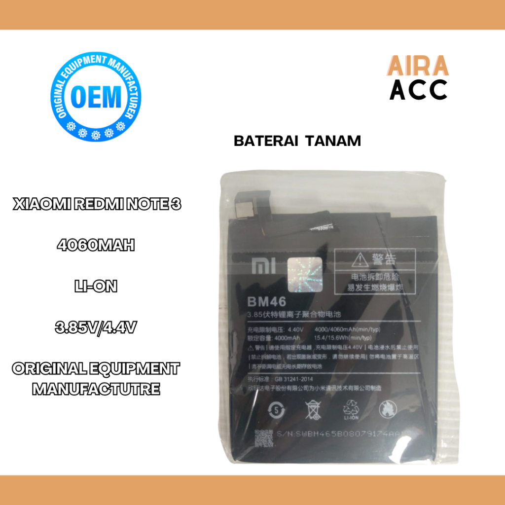 BATERAI XIAOMI REDMI NOTE 3 BM46 ORI OEM Batre Untuk Redmi Note 3