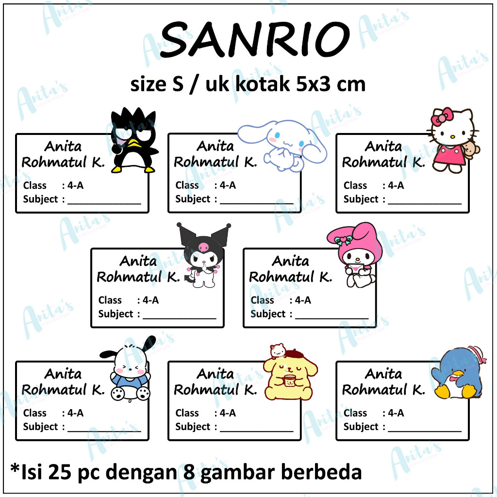 

25pc STIKER NAMA BUKU PELAJARAN ANAK SEKOLAH tema SANRIO | size S / 5x3 cm | CUSTOM