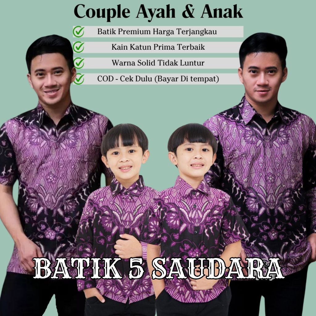 Kemeja Batik Anak Laki-Laki Lengan Panjang Batik Ayah dan Anak Cowok warna Ungu Lilac Motif Keris Un