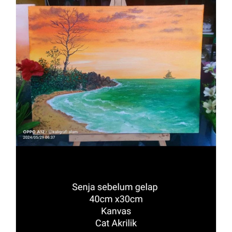 LUKISAN PANTAI / SENJA / SUNSET / LAUTAN / PEMANDANGAN ALAM / AESTHETIC / LUKISAN MURAH / LUKISAN
