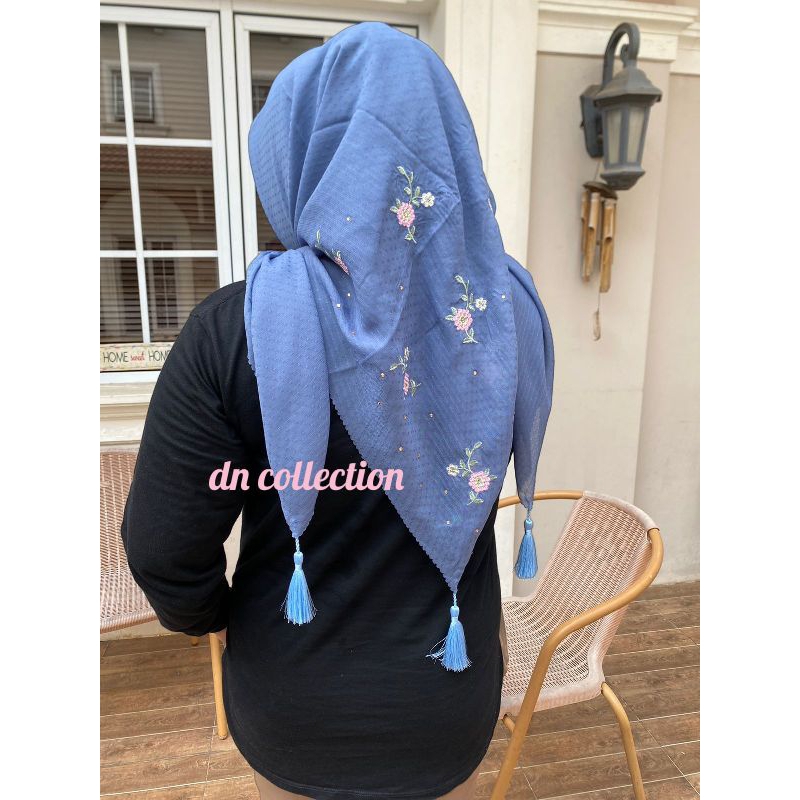 hijab segi empat tasel jambul sulam bordir mix payet press kristal motif bunga mewah/kerudung bordir