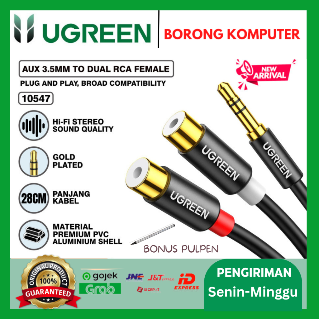 UGREEN Kabel Audio Stereo Jack 3.5mm To 2RCA Female For TV DVD Speaker
