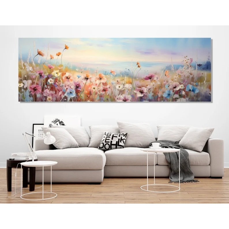 Lukisan Kanvas Cat Minyak Motif Bunga Liar - Lukisan Seni Dinding Horizontal Panorama, Art Seni Kanv