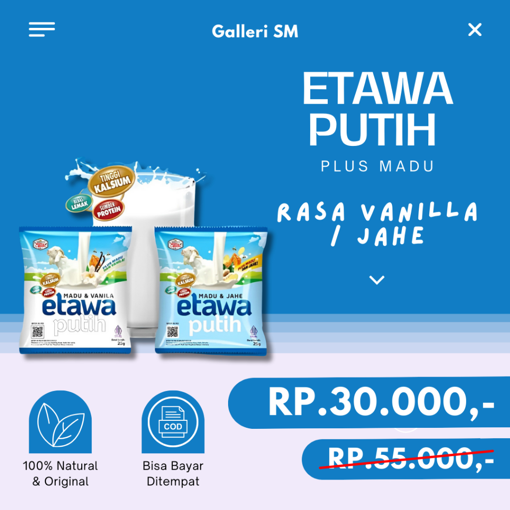 

Susu Kambing Bubuk Etawa Putih Plus Madu Rasa Vanila Jahe 10 Sachet Osteoporosis Original Ratu Lebah