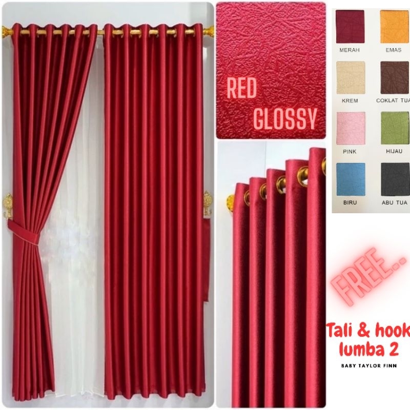 Gorden Jendela & Gorden Pintu Model Lubang Smokring Warna Merah Glossy Bahan kain Blackout Premium
