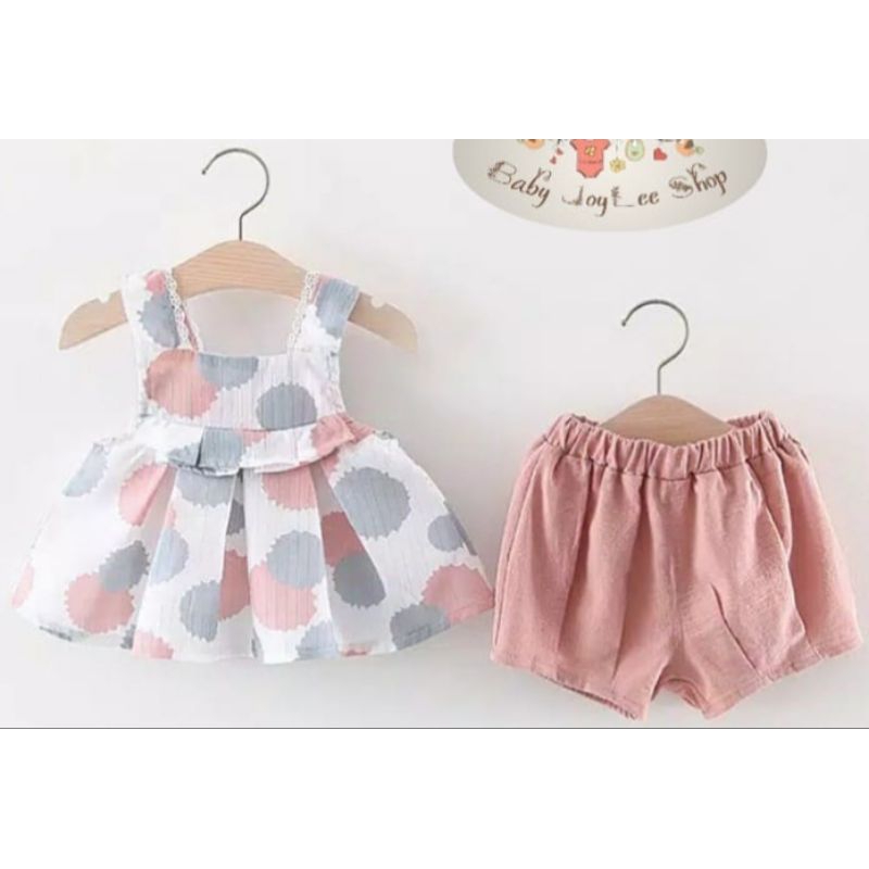 Kado Setelan Stelan Dress Gaun Putih Tanpa Lengan Renda Motif Bulat Polkadot Set Celana Hot Pants Pe