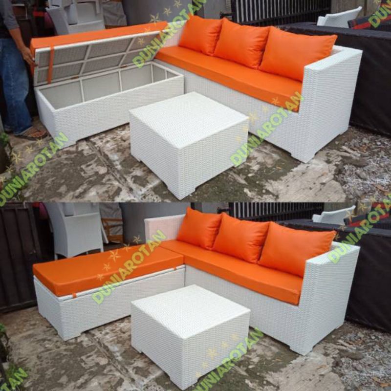 sofa L rotan sintetis / sofa dengan kursi ottoman storage