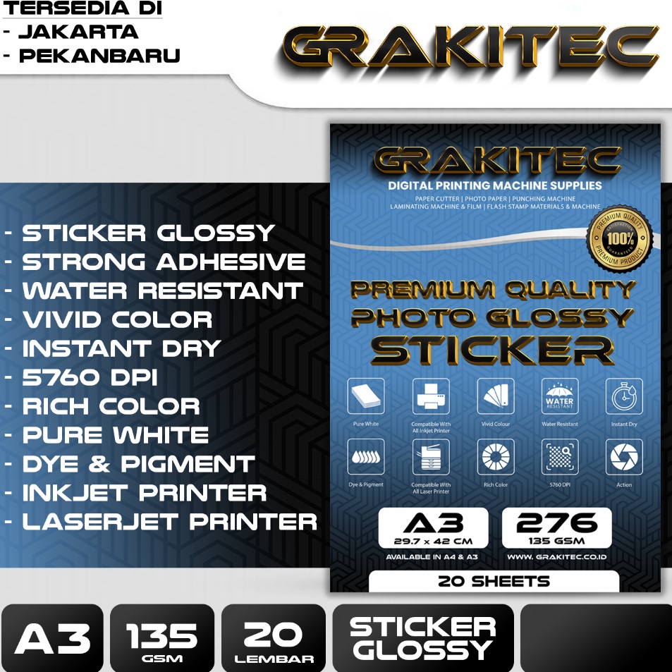 

Berkualitas Tinggi Kes Sticker A3 Glossy Photo Sticker 135 Gsm Foto Glossy Sticker Support Printer Epson Canon HP Brother Tinta Ori Dye r