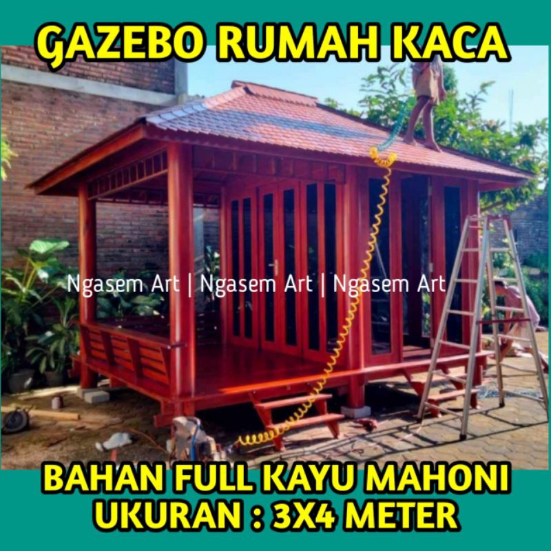 GASEBO DINDING KACA 3X4 | GAZEBO KAYU MAHONI