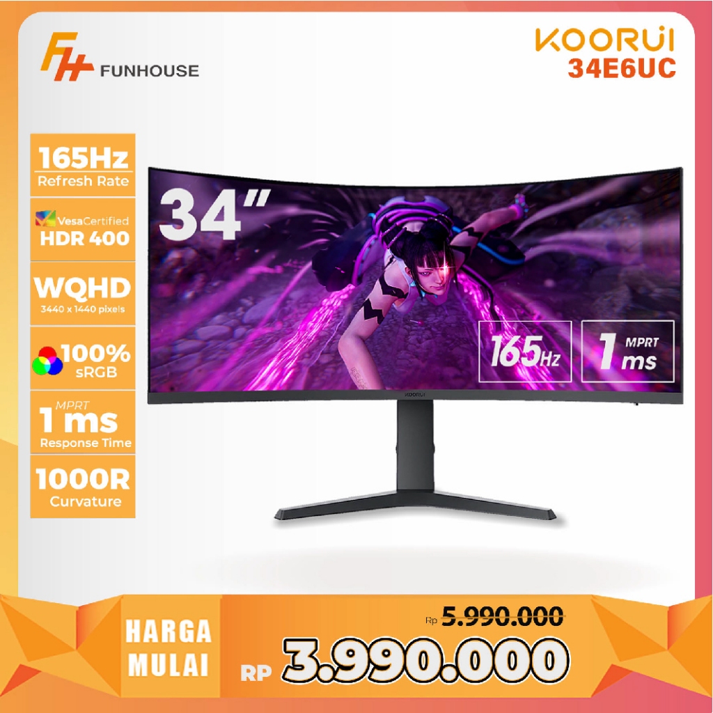 KOORUI 34E6UC Curved Gaming Monitor 21:9 Ultra Wide 165Hz 1ms HDR 400 3440*1440 1000R